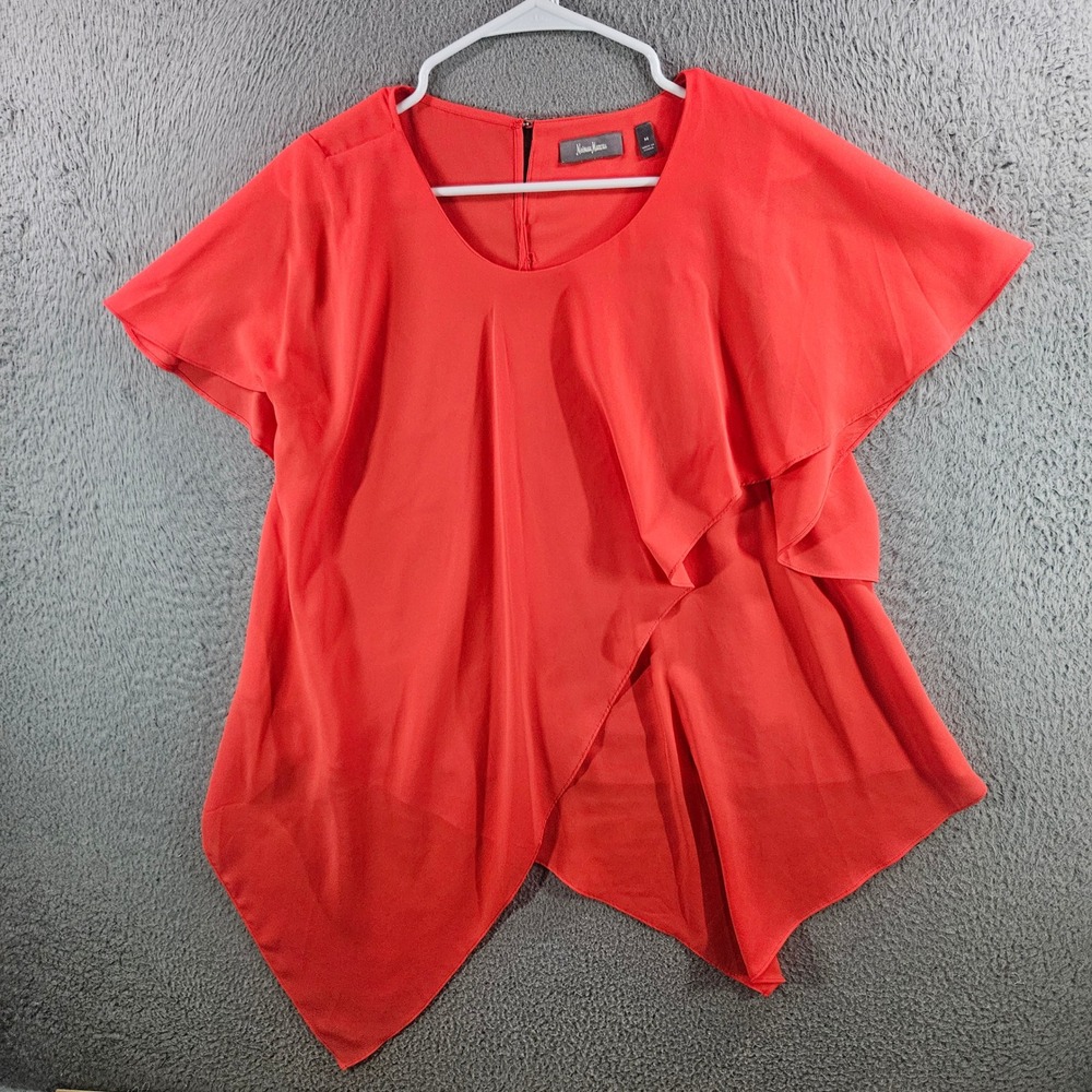Neiman Marcus Womens Coral Red Flutter Sleeve Handkerchief Hem Blouse Size M